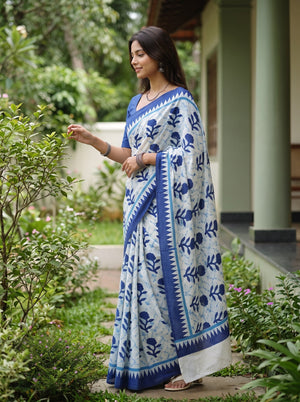 Cotton White Saree with Navy Blue Floral Motif Printed Pallu
