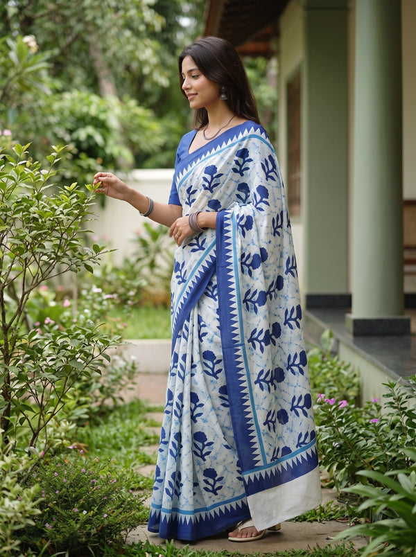 Cotton White Saree with Navy Blue Floral Motif Printed Pallu