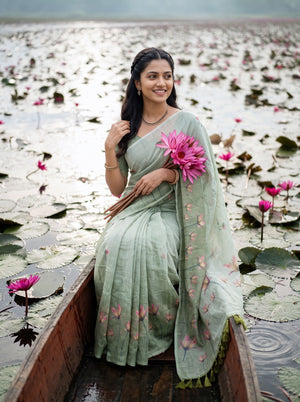 Cotton Green Saree with Pink Floral Print and Tassels
