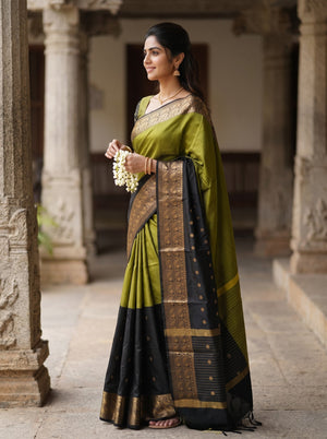 Semi Silk Olive Green Black Half and Half Golden Zari Saree with Tasseled Pallu