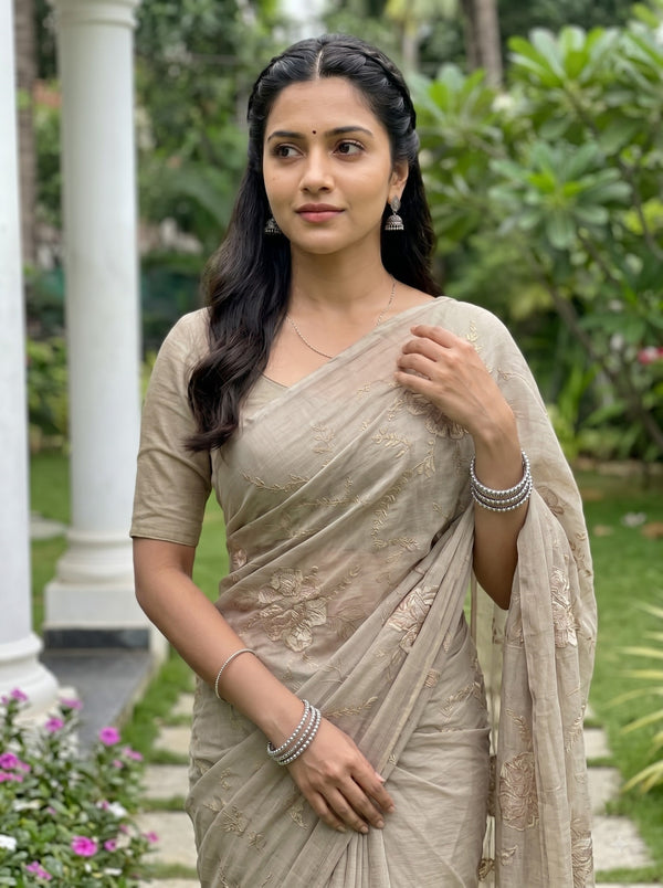 Chiffon Taupe Saree with 3D Floral Applique Embroidery