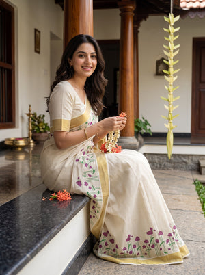 A woman wearing a cream-colored saree with yellow border and purple floral prints sits on a stone ledge in a traditional courtyard setting.