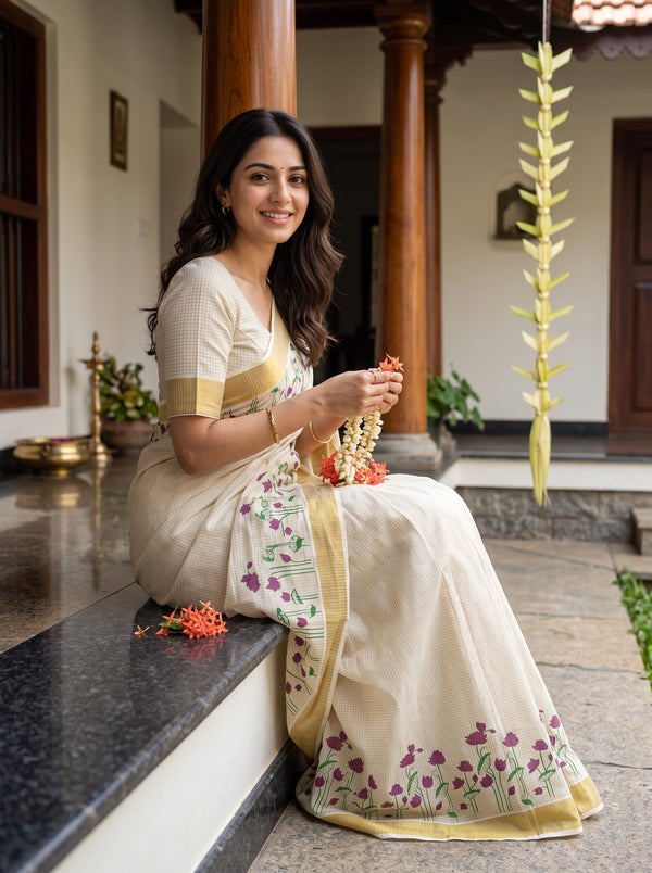 A woman wearing a cream-colored saree with yellow border and purple floral prints sits on a stone ledge in a traditional courtyard setting.