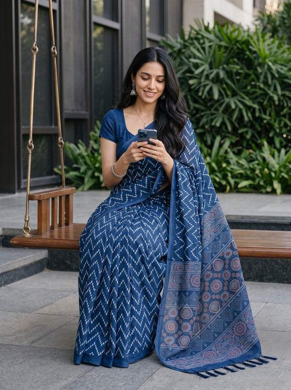 Cotton Navy Blue Saree with Ajrakh Mandala Print Pallu