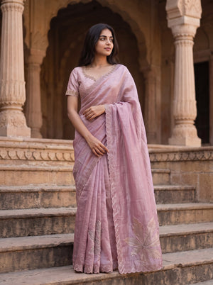 Banarasi Mauve Scalloped Border Leaf Embroidery Saree