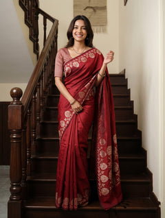 Cotton Silk Red Silver Floral Jaal Border Saree