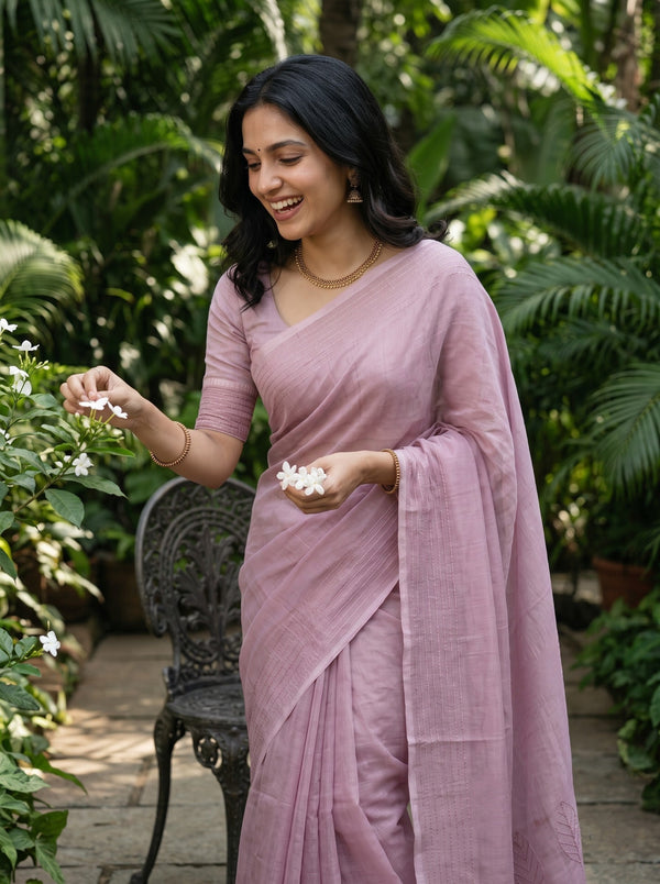 Kota Doria Pink Self-Tone Leaf Motif Saree
