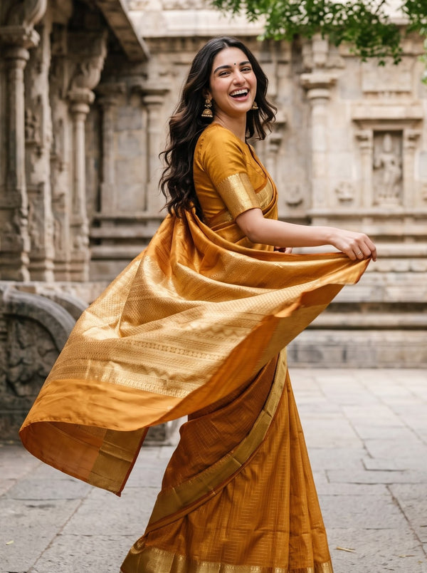Pure Silk Mustard Orange Saree with Golden Zari Checks and Wide Zari Border Pallu