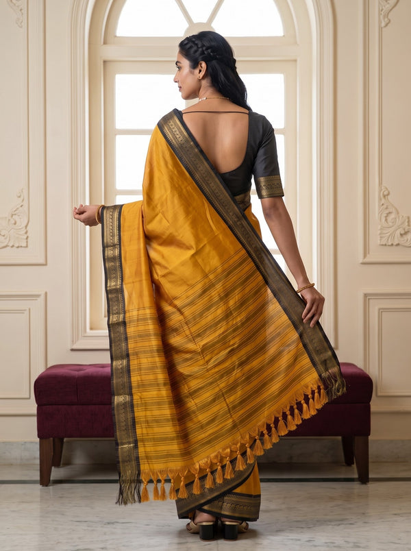 Semi Silk Mustard Yellow Golden Pinstripe Saree with Black Zari Border