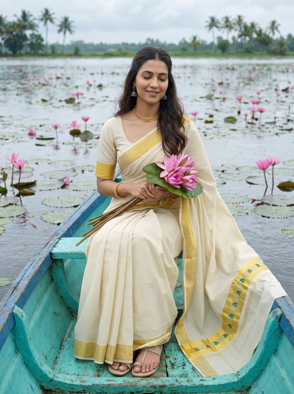 Cotton Cream Checkered Golden Border Onam Special Kerala Saree