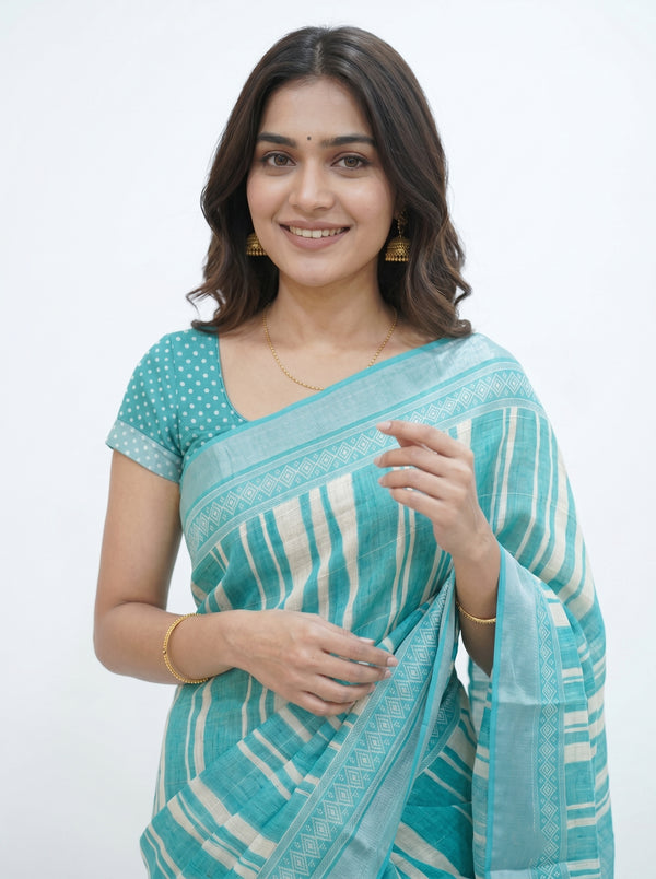Soft Cotton Turquoise Blue Striped Print Saree with Tribal Border