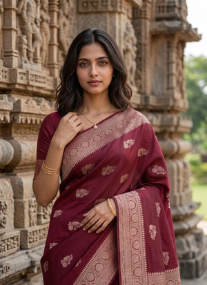 Banarasi Saree in Maroon with Golden Floral Arch Pallu Design