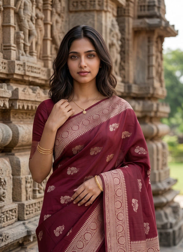 Banarasi Saree in Maroon with Golden Floral Arch Pallu Design