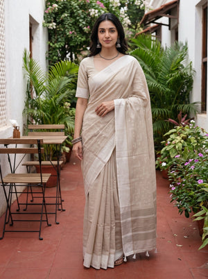 Cotton Off-White Zigzag Self-Tone Print Saree