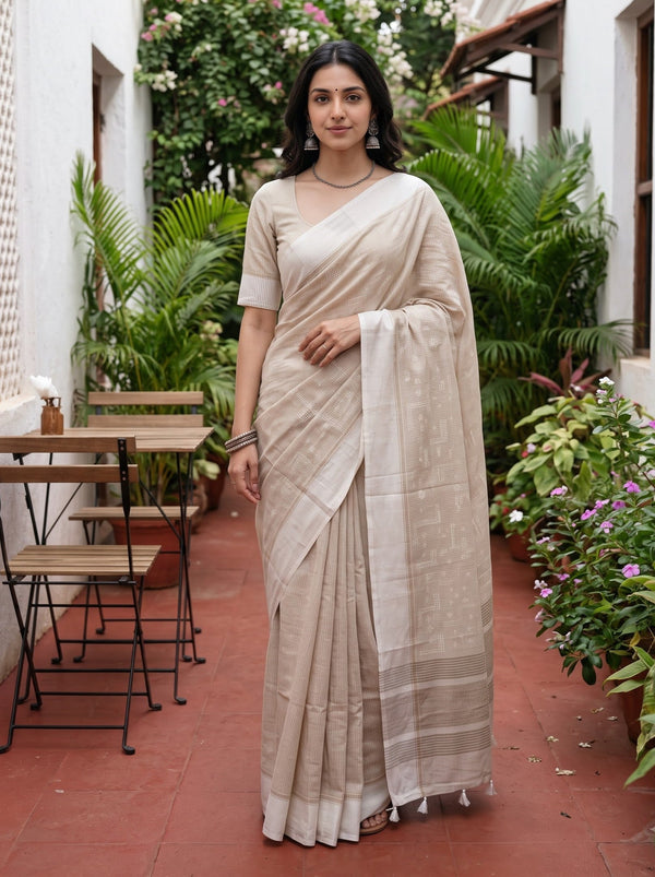 Cotton Off-White Zigzag Self-Tone Print Saree