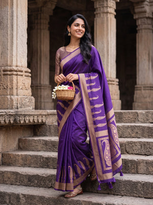 Banarasi Violet Zari Paisley Border Tasseled Saree