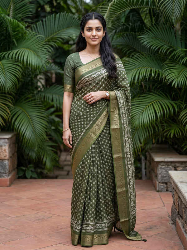 Chanderi Silk Olive Green Floral Booti Print Saree with Golden Zari Border