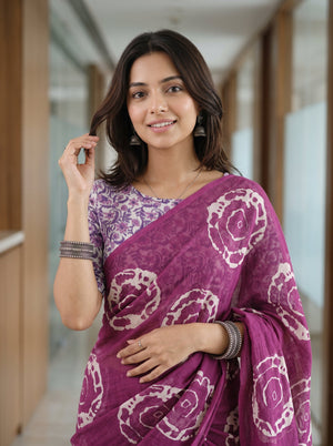 Cotton Magenta Saree with Purple Floral Vine Pallu
