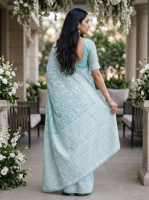 Organza Blue Seafoam Self-Tone Floral Lace Saree with Geometric Pallu Border