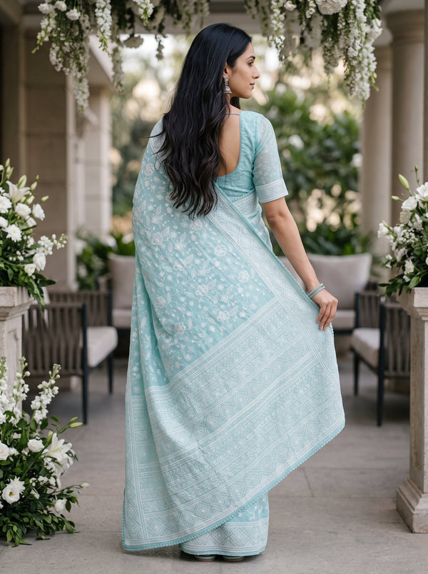Organza Blue Seafoam Self-Tone Floral Lace Saree with Geometric Pallu Border