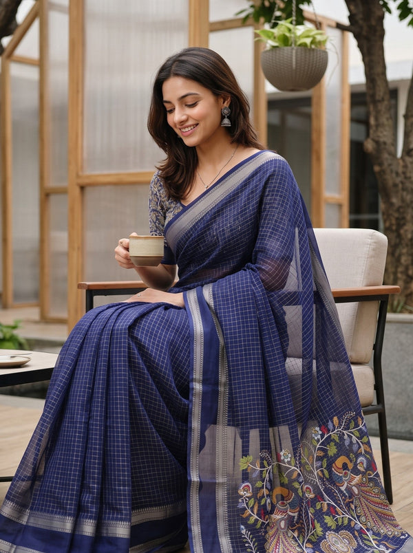 Chiffon Navy Blue Small Checks Saree With Peacock Floral Embroidery Pallu