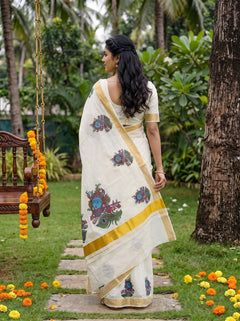 Cotton Off-White Multicolor Mural Krishna Print Onam Special Kerala Saree