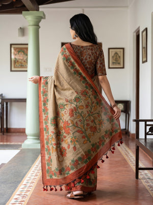 Cotton Khaki Brown Saree with Rust Floral Mural Print