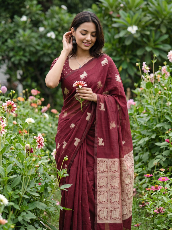 Cotton Silk Maroon Saree with animal Motif Mural Pallu
