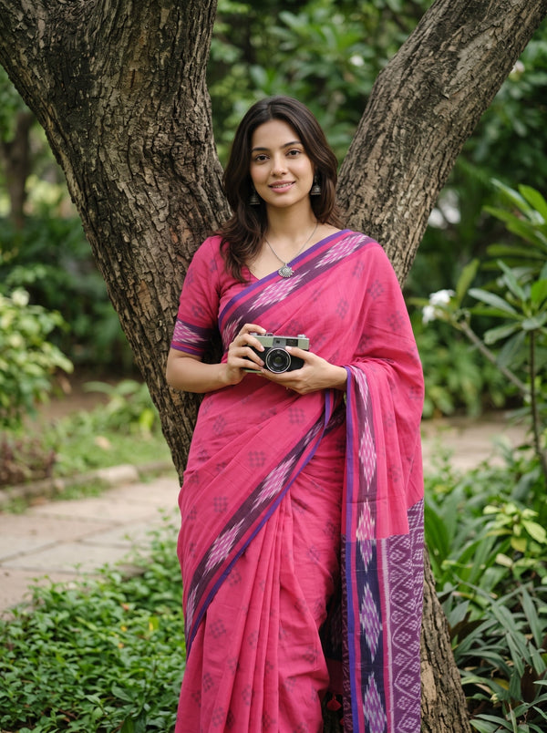 Cotton Pink Saree with Purple Ikat Diamond Print Pallu