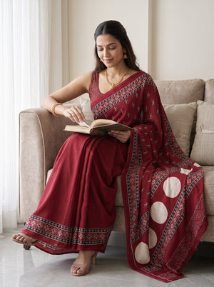 Synthetic Red Floral Booti Print Saree with Black White Ethnic Border