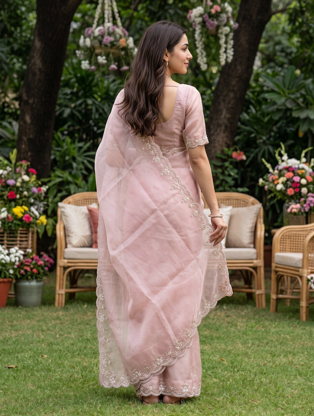 Organza Dusty Pink Beaded Floral Scalloped Border Saree