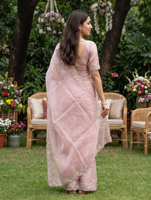 Organza Dusty Pink Beaded Floral Scalloped Border Saree