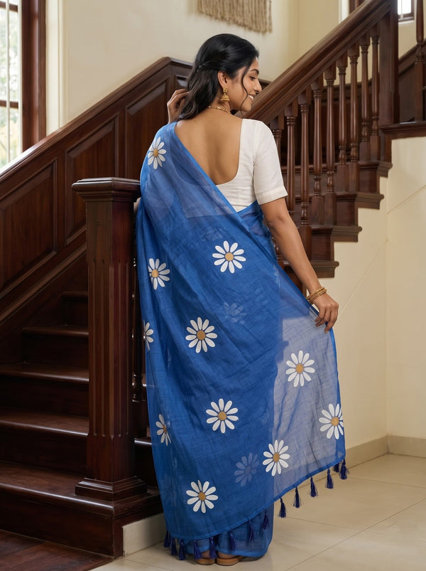 Cotton Blue Saree with White Daisy Flower Print