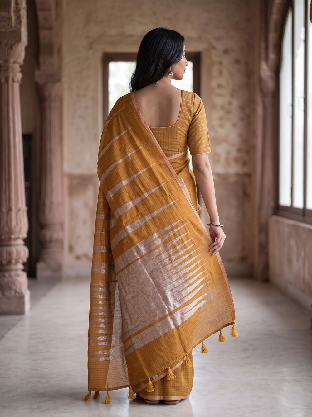 Matka Silk Mustard Golden Silver Ikat Flame Weave Saree
