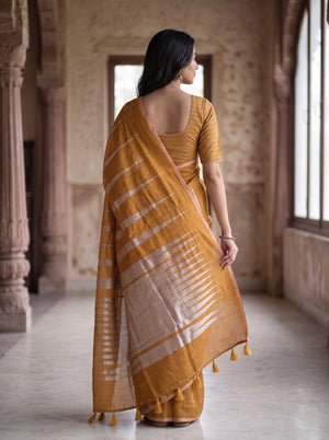 Matka Silk Mustard Golden Silver Ikat Flame Weave Saree