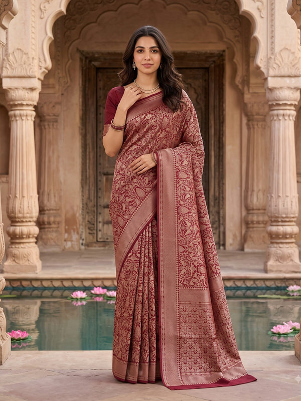 Banarasi Saree in Maroon with Golden Floral Jaal Pallu