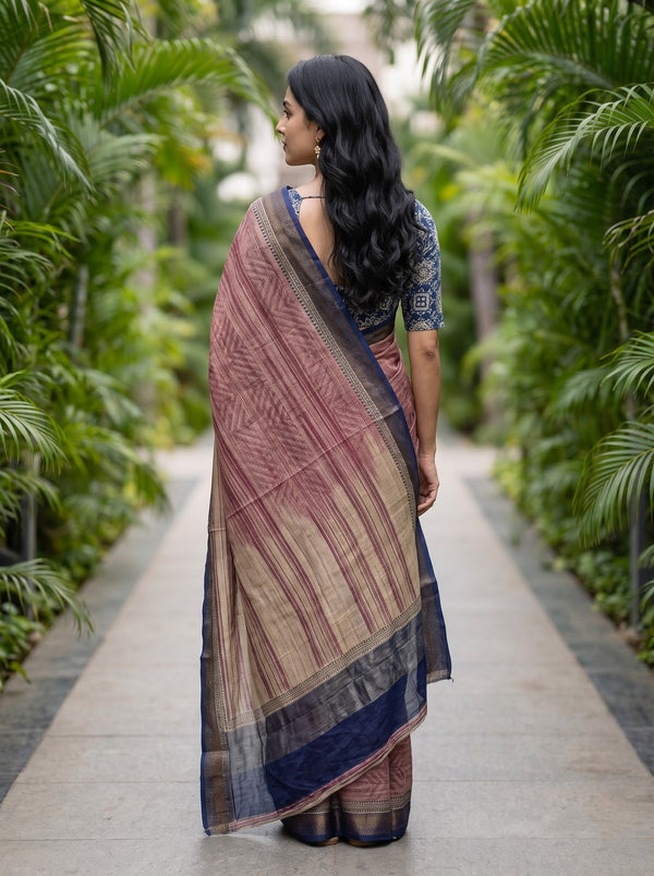 Pure Chanderi  Maroon Geometric Print Navy Border Saree