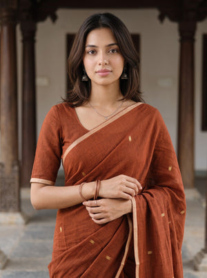 Cotton Rust Orange Golden Dotted Butta Shimmer Pallu Tasseled Saree
