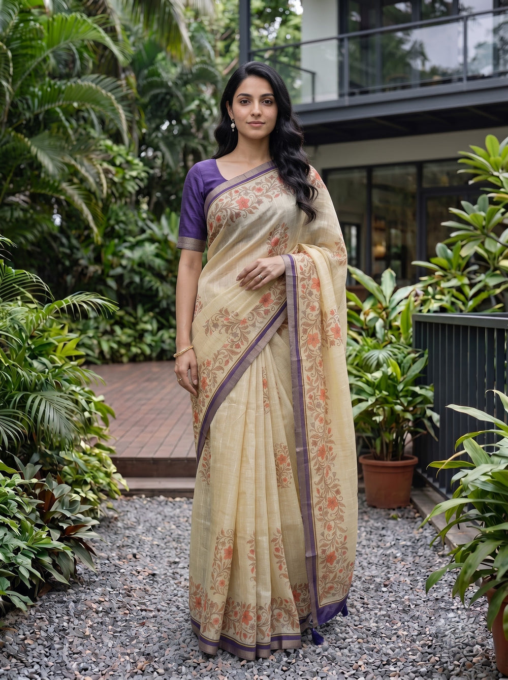 Linen Beige Botanical Print Saree with Grey Purple Border and Tassels