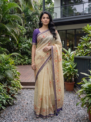Linen Beige Botanical Print Saree with Grey Purple Border and Tassels