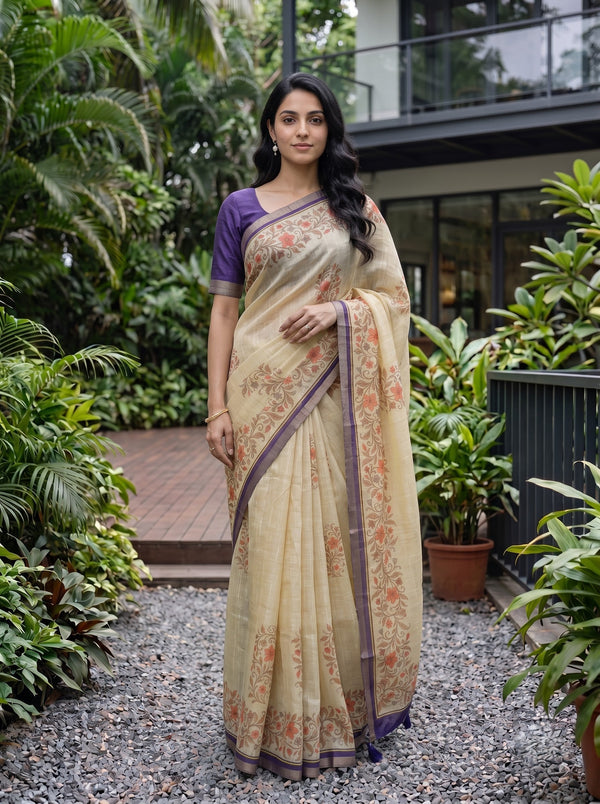 Linen Beige Botanical Print Saree with Grey Purple Border and Tassels