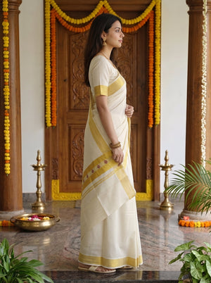 Cotton Cream Checkered  Onam Special Kerala  Saree with Wide Golden Border