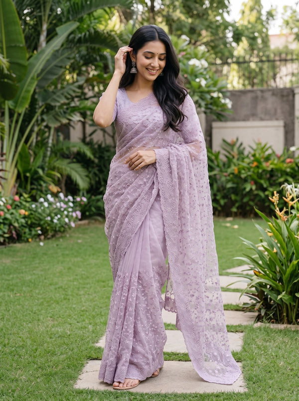Net Kota Lilac Floral Lace Embroidery Saree