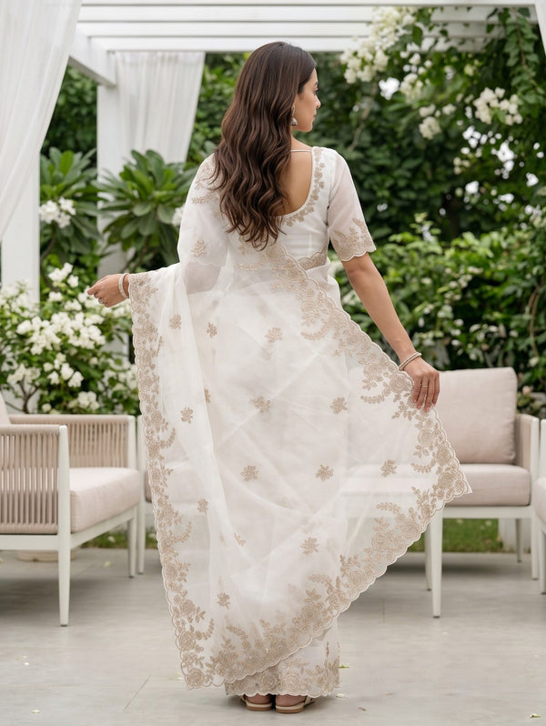 Organza Off-White Self-Tone Floral Rose Embroidered Scalloped Border Saree