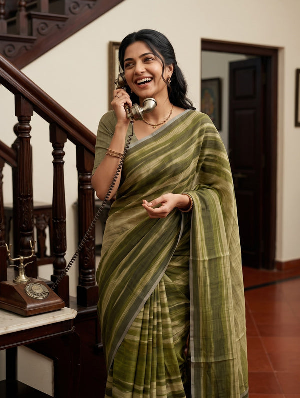 Linen Olive Green Abstract Tie-Dye Print Saree