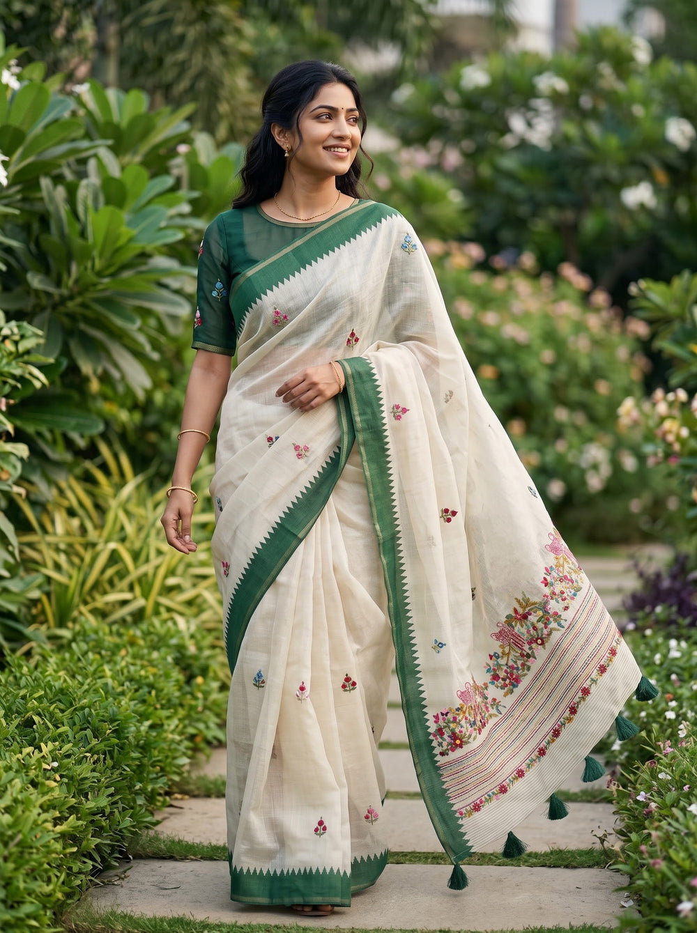 Tissue Saree in Off-White with Colorful Parrot Floral Embroidery