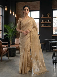 Linen Beige Saree with Golden Beadwork Floral Vine Motifs and Tasseled Pallu