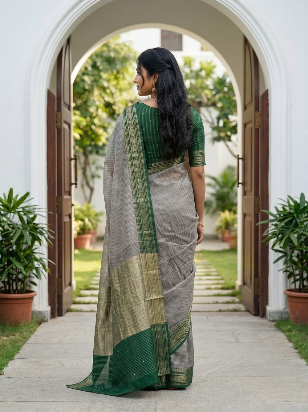 Semi Chanderi Grey Saree with Bottle Green Zari Striped Pallu