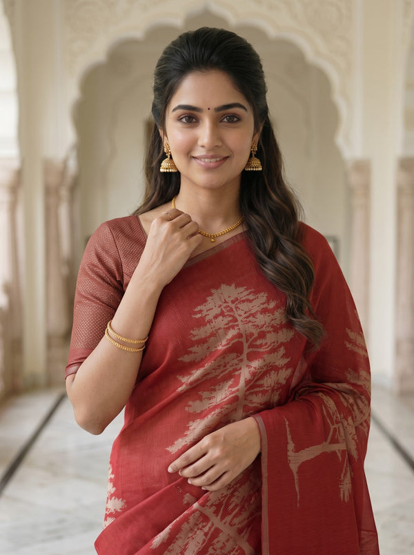 Matka Silk Red Saree with Woven Sunset Mountain Tree Motif