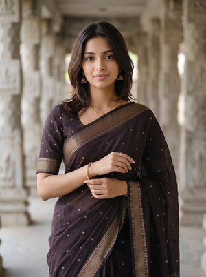 Cotton Dark Plum Copper Golden Dotted Butta Pallu Braided Tassel Saree